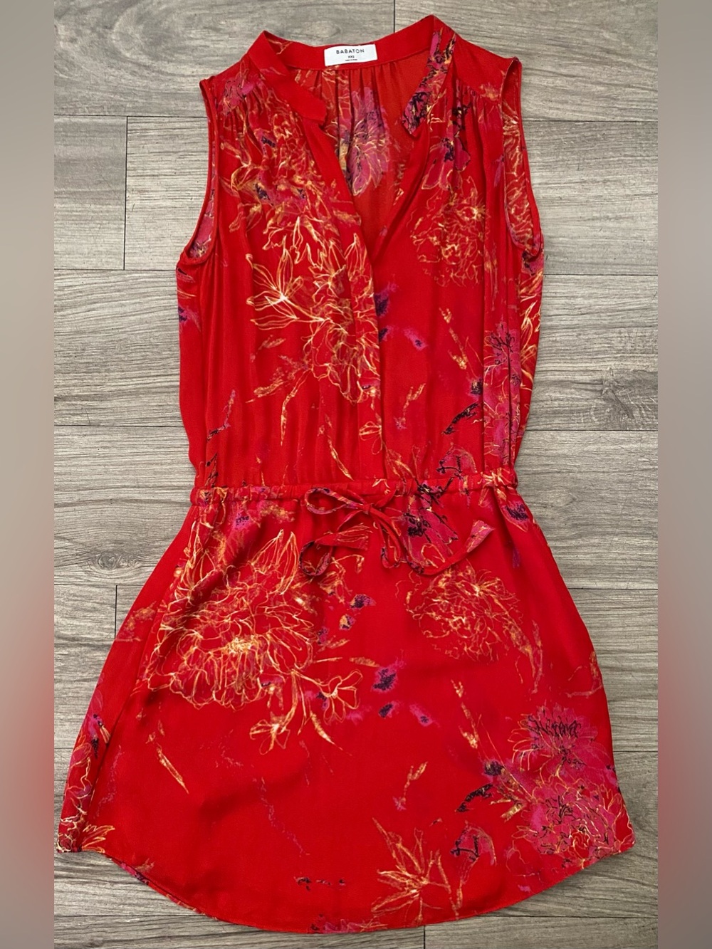 Babaton Red Floral Sleeveless Drawstring V-Neck Mini Dress